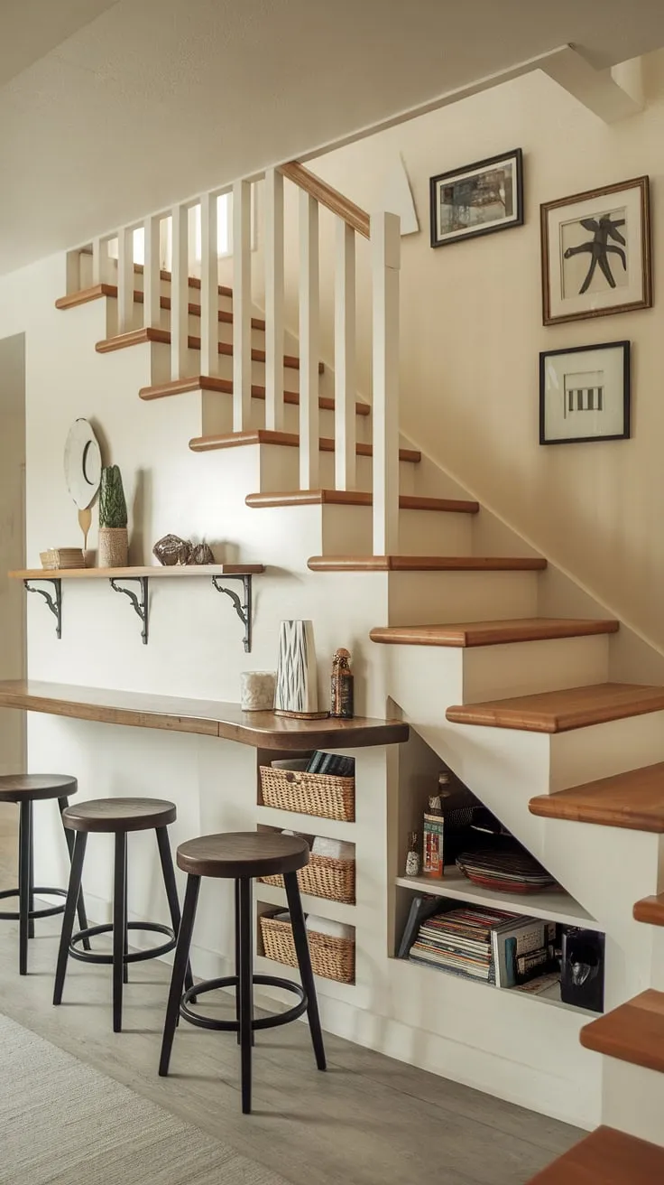 A modern take on home stairwell ideas, this space features a unique stairs design with storage built right into the entryway stair. The staircase leads down to a cleverly designed downstairs area, complete with a staircase bar under stairs and under stairs storage. This small living room under stairs is a testament to efficient downstairs design ideas, showcasing creative stair shelf ideas and maximizing every inch of space. The below stairs interior design is a perfect example of how to incorporate under stairs storage effectively.
