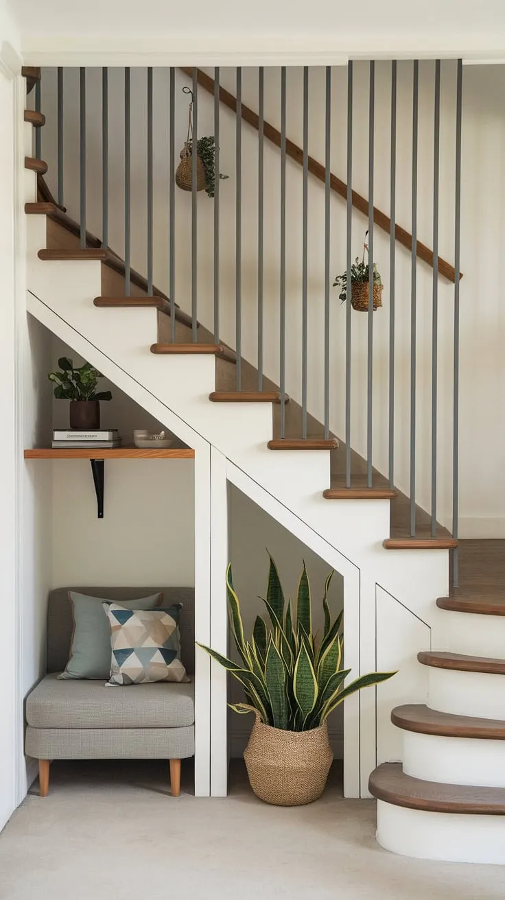 This modern entryway stair showcases clever stairs design with storage, maximizing space with a small living room under the stairs. The under stairs storage is seamlessly integrated, offering both functionality and style. Note the stair shelf ideas and the innovative downstairs design ideas, transforming wasted space into a cozy reading nook. This home stairwell ideas example demonstrates how below stairs interior design can be both practical and aesthetically pleasing. A staircase bar under stairs could even be incorporated here!