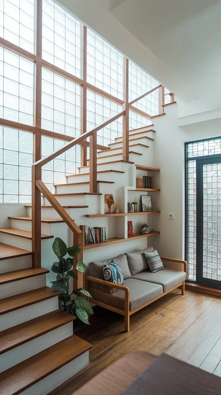 This entryway stair's design maximizes space with clever under-stairs storage, showcasing innovative downstairs design ideas and stair shelf ideas. The small living room below adds warmth, making it a perfect example of home stairwell ideas and downstairs storage ideas.