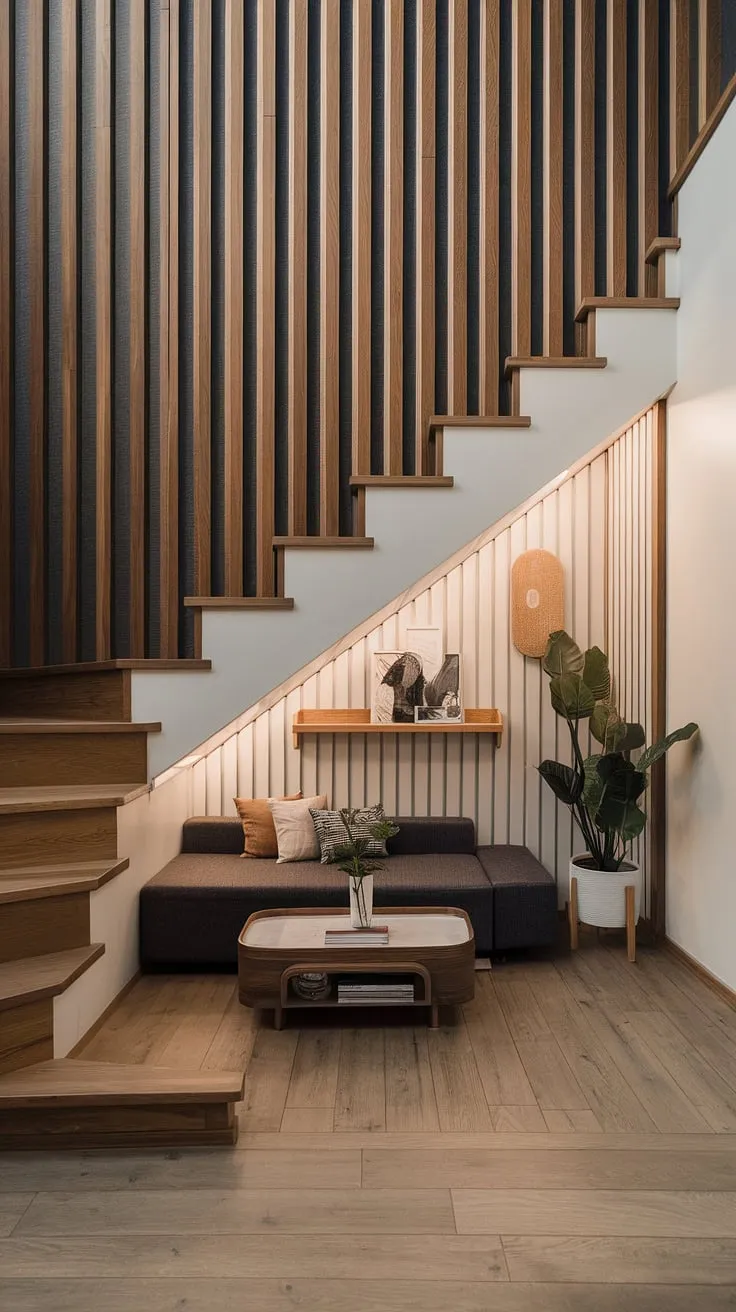 The innovative stairs design with storage in this entryway stair is a masterclass in home stairwell ideas. A small living room under stairs, complete with sofa and coffee table, cleverly utilizes under stairs storage, offering a surprising downstairs design ideas solution. The built-in stair shelf ideas add to the functionality, while the overall below stairs interior design is both stylish and practical. Consider this a prime example of downstairs storage ideas and how to create a cozy space, even with limited square footage. A staircase bar under stairs could even be considered for this space.