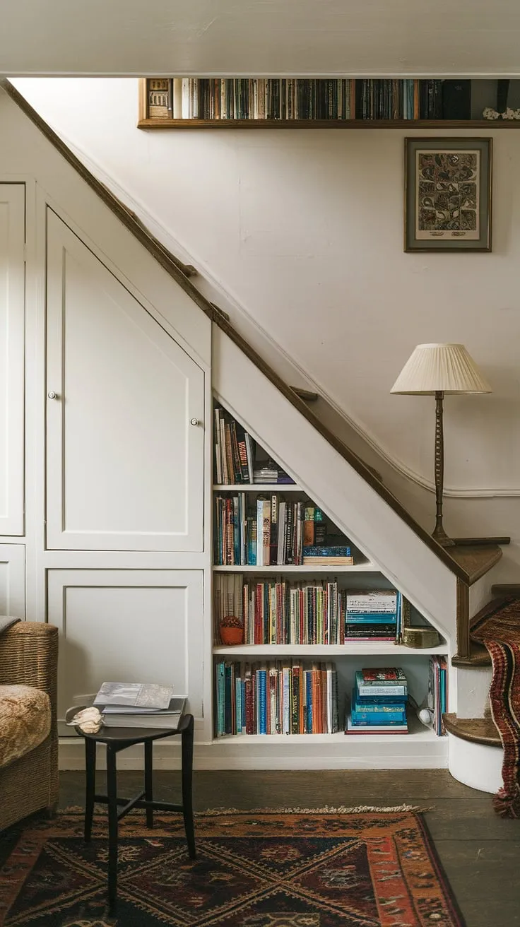 This home stairwell ideas showcases a stunning below stairs interior design, featuring a stair shelf ideas and under stairs storage, creating a functional and stylish entryway stair in a compact space.