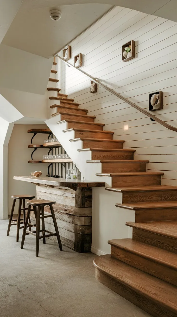 Stunning downstairs design ideas showcased in this home's unique stairwell. The under stairs storage, cleverly designed as a small living room under stairs, and staircase bar under stairs are perfect examples of below stairs interior design and stair shelf ideas.
