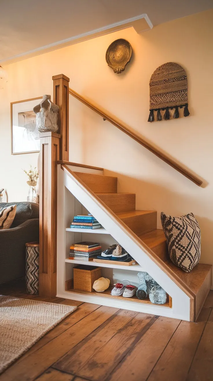 This charming home showcases ingenious downstairs design ideas, centered around a compact entryway stair. The stairs design with storage, a perfect example of under stairs storage solutions, includes a built-in shelf, maximizing space in this small living room under stairs. The staircase bar under stairs is implied by the design, offering a unique and practical approach to below stairs interior design. This clever use of space provides ample downstairs storage ideas and demonstrates innovative stair shelf ideas and home stairwell ideas. The warm lighting and wooden accents complete the cozy ambiance.