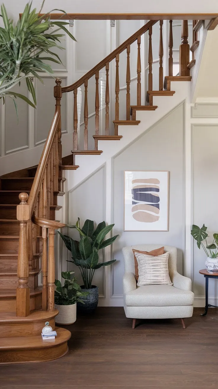 The ingenious use of space under this entryway stair is a masterclass in downstairs storage ideas. This small living room under stairs is a testament to creative home stairwell ideas, showcasing both functionality and style. The stairs design with storage cleverly incorporates a seating area, making the most of the area below. Note the thoughtful placement of plants, enhancing the below stairs interior design. Consider this a prime example of stair shelf ideas and how to achieve a cozy and efficient under stairs storage solution, even potentially incorporating a staircase bar under stairs in a larger space.