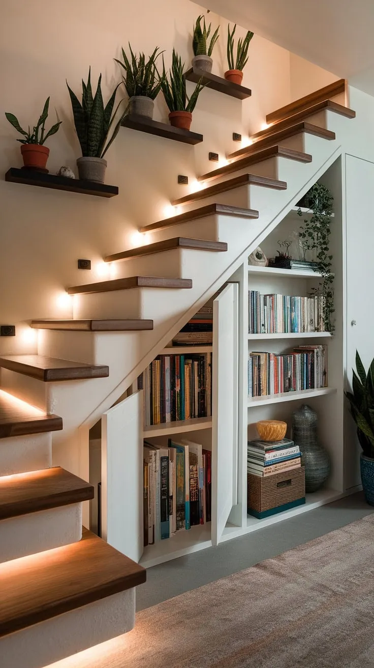This entryway stair's unique design maximizes space with clever stairs design with storage, showcasing brilliant home stairwell ideas and downstairs design ideas. The under stairs storage is a dream, offering downstairs storage ideas and below stairs interior design perfection—even a small living room under stairs could fit! Stair shelf ideas are beautifully incorporated.