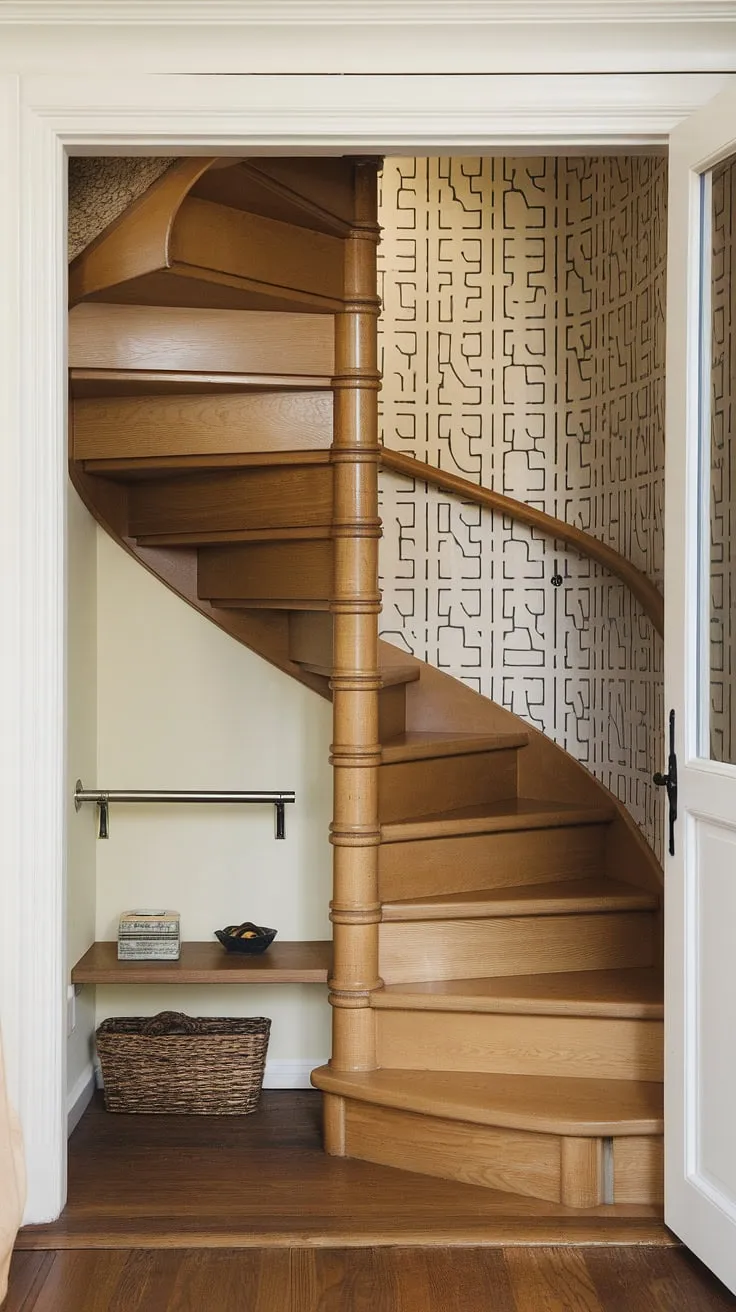 This small living room maximizes space with a cleverly designed entryway stair featuring integrated storage. The stairs design with storage, including a built-in bar and shelf below, provides ample downstairs storage ideas and showcases creative below stairs interior design. The unique wall pattern behind the home stairwell ideas complements the rich hardwood floor. This is a prime example of downstairs design ideas and stair shelf ideas in a compact space. A staircase bar under stairs adds a touch of unexpected elegance to this small living room under stairs.