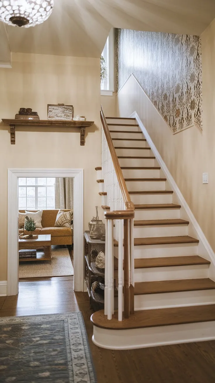 This stunning entryway stair, complete with stairs design with storage, offers a wealth of home stairwell ideas. The below stairs interior design cleverly incorporates a small living room and downstairs storage ideas, maximizing every inch of space. Note the stair shelf ideas and potential for a staircase bar under stairs.