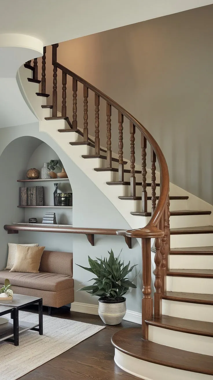 Stunning home stairwell ideas showcased in this unique design. The below stairs interior design features a cozy small living room, a staircase bar under stairs, and smart stair shelf ideas, maximizing downstairs storage ideas and under stairs storage.