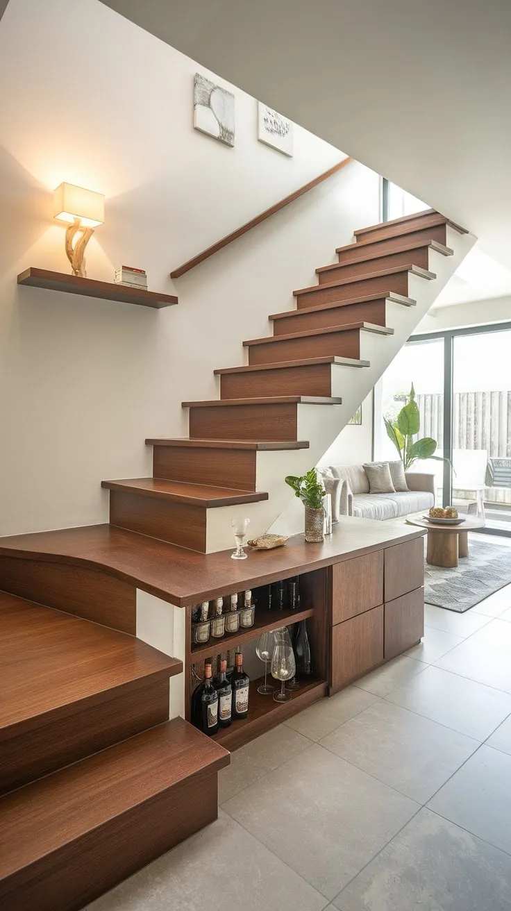 Clever downstairs storage ideas are on full display in this home, featuring a functional stairs design with storage. The entryway stair leads to a cozy small living room, showcasing innovative home stairwell ideas. A staircase bar under stairs is a unique addition, tucked neatly beneath the wooden stairs. The under stairs storage is seamlessly integrated, and the stair shelf ideas add a touch of elegance. This below stairs interior design is a masterclass in maximizing space and style.
