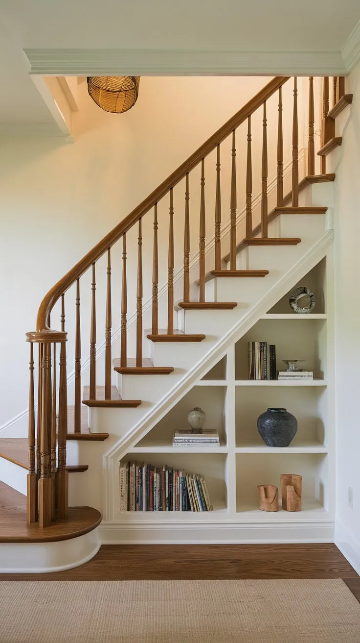 Clever stairs design with storage maximizes space in this charming entryway stair, transforming unused area into a functional small living room under stairs and stylish under stairs storage. Home stairwell ideas don't get much better than this downstairs design ideas, showcasing brilliant below stairs interior design and stair shelf ideas.