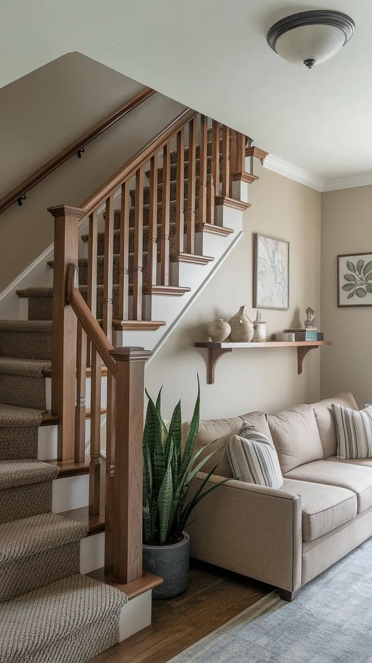 Clever use of space transforms this entryway stair into a cozy haven. The stairs design with storage maximizes functionality, offering downstairs storage ideas and a charming small living room under stairs, all while showcasing stylish home stairwell ideas and stair shelf ideas.