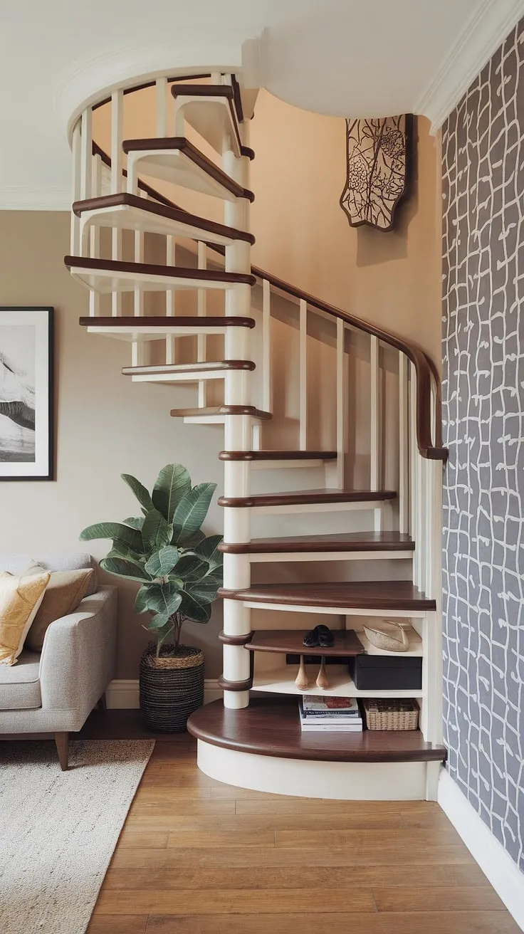 This stunning entryway stair showcases a clever stairs design with storage, maximizing space in this small living room under stairs. The spiral stairwell's unique design incorporates under stairs storage, offering practical downstairs storage ideas and a stylish below stairs interior design solution. Note the thoughtful stair shelf ideas and decorative wall pattern complementing the home stairwell ideas and overall downstairs design ideas. A small sofa and plant add a touch of homeliness.