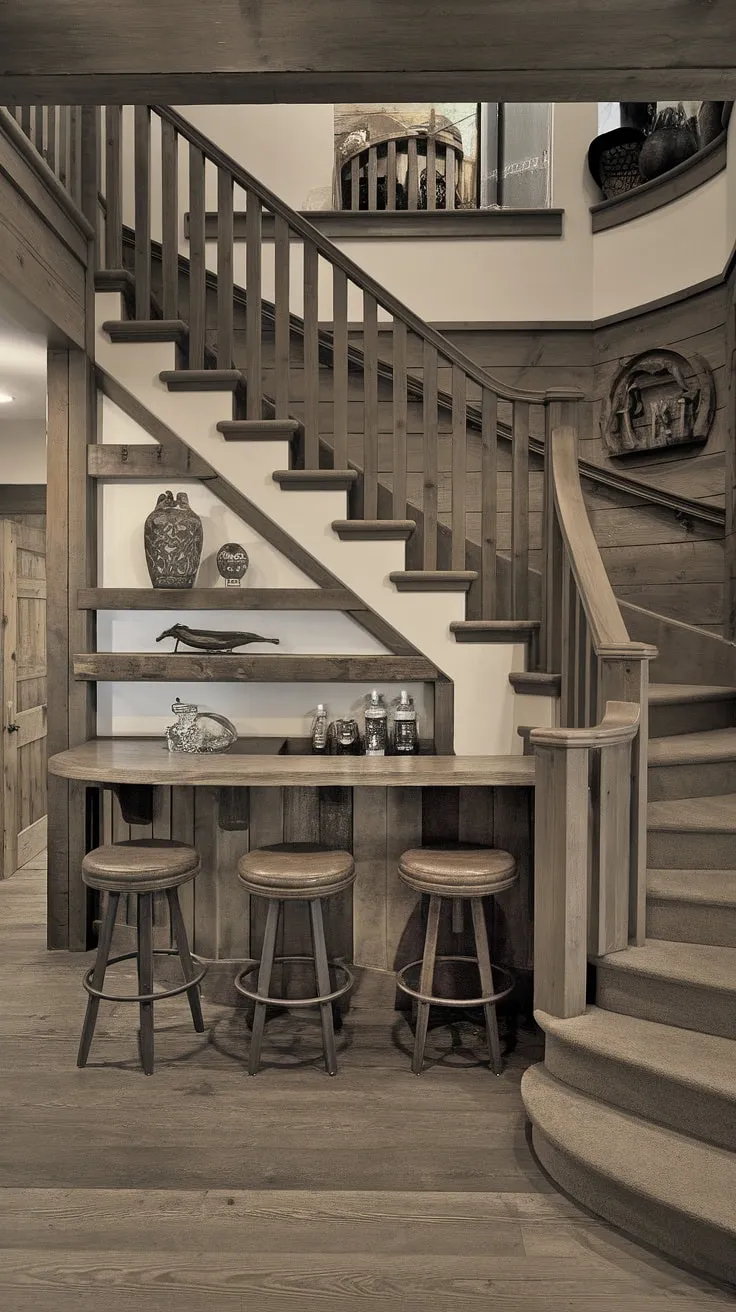 The ingenious design of this home stairwell incorporates downstairs design ideas with a built-in bar nestled beneath the stairs. This downstairs storage ideas solution cleverly utilizes under stairs storage, creating a unique and inviting space. The stair shelf ideas above the bar add a touch of rustic charm, complementing the wooden walls and floors. Consider this entryway stair a prime example of maximizing space with creative stairs design with storage and below stairs interior design.