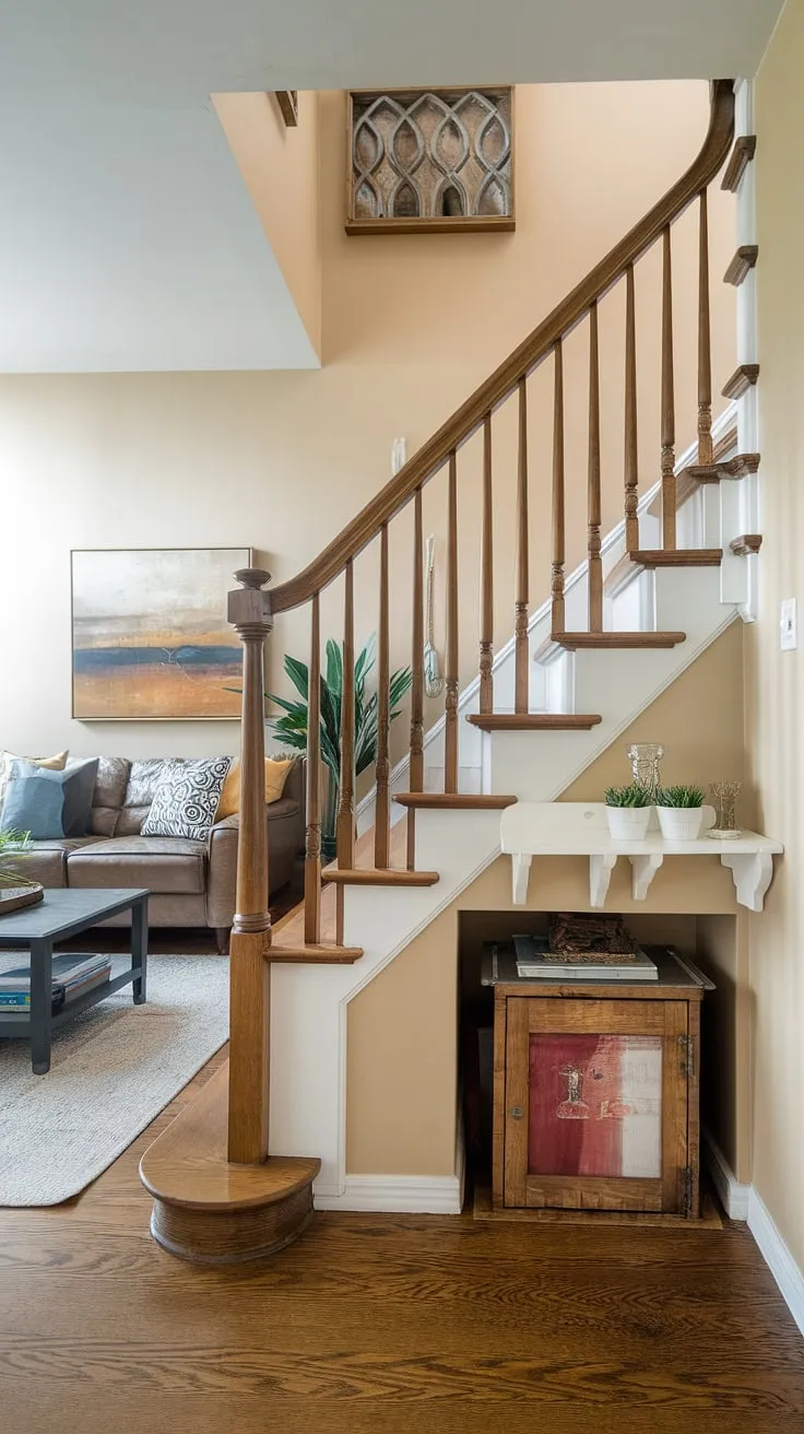 Clever stairs design with storage maximizes space in this home, transforming the entryway stair into a functional and stylish focal point. Below stairs interior design showcases downstairs storage ideas and a small living room under stairs, complete with a built-in wooden box and stair shelf ideas.
