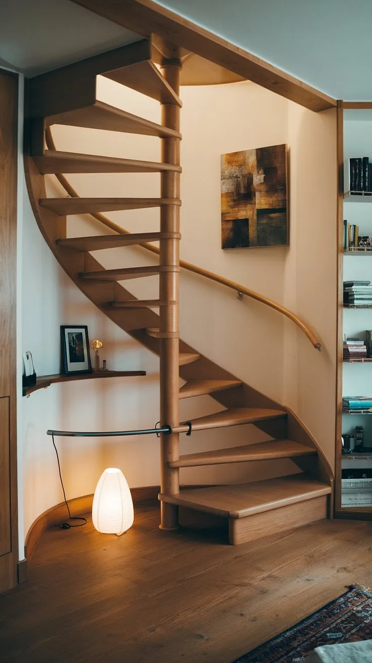 This entryway stair's spiral design maximizes space, showcasing clever stairs design with storage and downstairs storage ideas. The under stairs storage, including a bar and shelf, perfectly complements the small living room under stairs, offering inspiring home stairwell ideas and below stairs interior design.