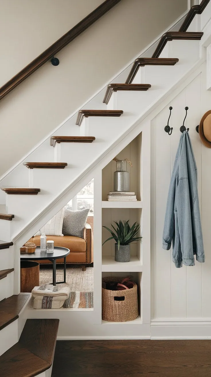 This entryway stair's modern design incorporates a stylish staircase bar under stairs and brilliant downstairs design ideas. The under stairs storage solution is a perfect example of stair shelf ideas and maximizes space in this small living room under stairs. Explore more home stairwell ideas for your own space.
