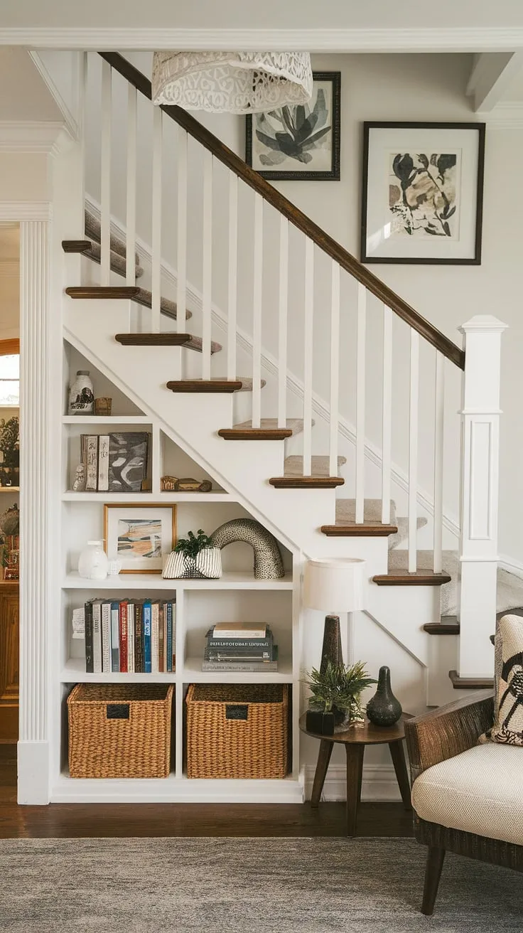 This charming small living room under stairs makes the most of its limited space. Note the ingenious stairs design with storage, offering practical downstairs storage ideas. The entryway stair flows seamlessly into the home stairwell ideas, while the below stairs interior design incorporates a clever stair shelf. The under stairs storage is a fantastic example of downstairs design ideas, and the potential for a staircase bar under stairs adds a touch of sophisticated flair. This space perfectly demonstrates stair shelf ideas and the possibilities of maximizing storage in a small living room.