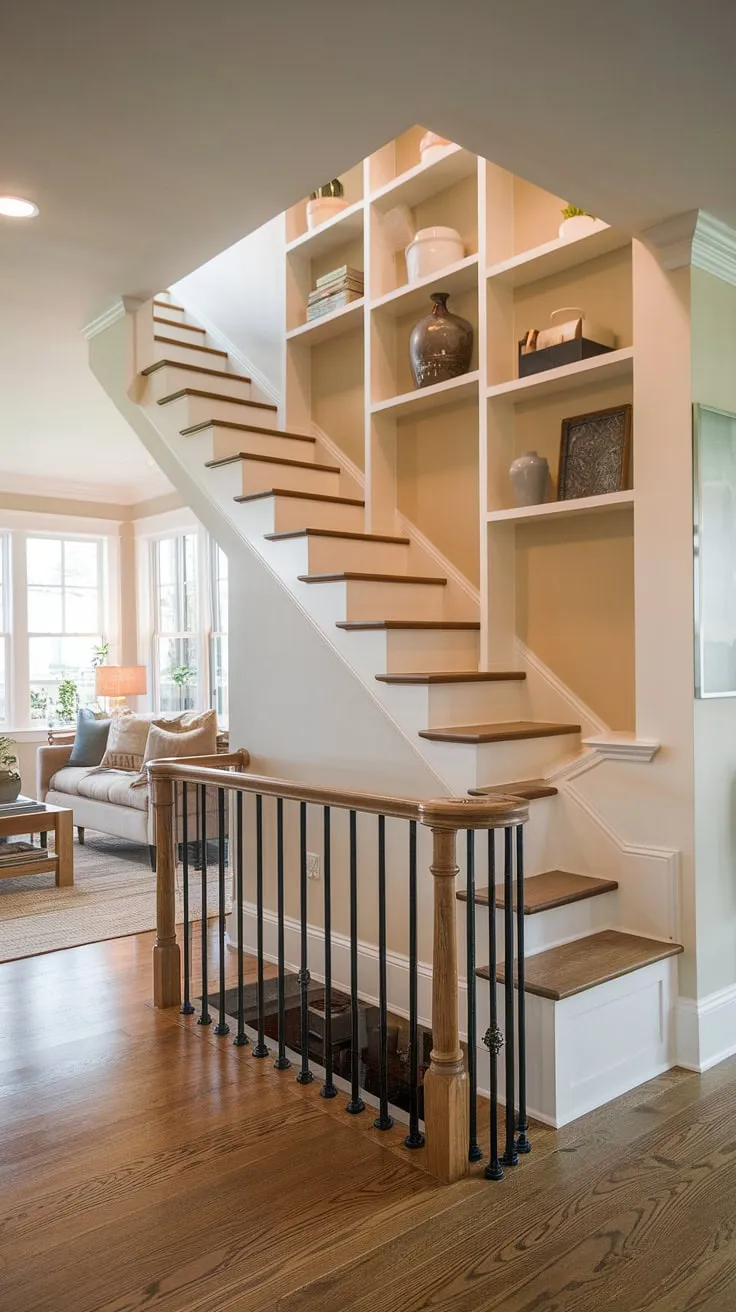 This stunning home features a thoughtfully designed entryway stair, incorporating innovative stairs design with storage. The home stairwell ideas are exemplified by the clever use of under stairs storage, creating a charming small living room under stairs. Downstairs design ideas are perfectly realized in this space, which includes a cozy seating area and a built-in staircase bar under stairs. The downstairs storage ideas are both practical and aesthetically pleasing, while the stair shelf ideas add to the overall functionality and visual appeal. The below stairs interior design is a testament to efficient space planning.