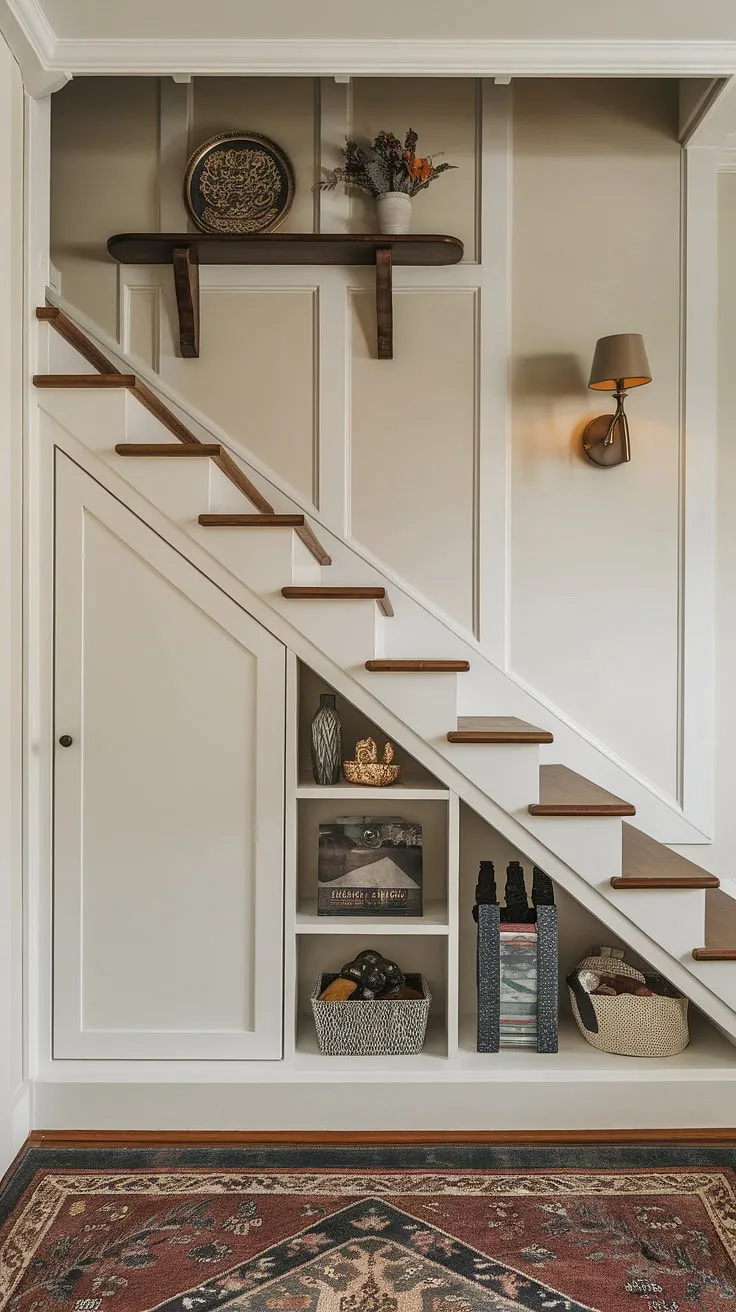 This stunning entryway stair design seamlessly integrates functionality and style. The stairs design with storage, featuring built-in doors and shelves, provides clever under stairs storage, maximizing space in this small living room under stairs. The thoughtful downstairs design ideas extend to the decorative shelf and lamp, creating a welcoming atmosphere. This is prime inspiration for home stairwell ideas and downstairs storage ideas, showcasing how even a below stairs interior design can be both practical and elegant. A staircase bar under stairs could even be incorporated into this design. The stair shelf ideas add to the overall charm.