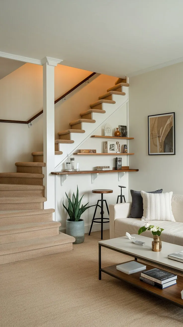 This small living room maximizes space with a cleverly designed entryway stair, showcasing ingenious stairs design with storage. The staircase bar under stairs is a stylish addition, offering both functionality and aesthetic appeal. This exemplifies home stairwell ideas and downstairs design ideas, providing ample downstairs storage ideas and under stairs storage solutions. The below stairs interior design is seamlessly integrated, creating a sophisticated small living room under stairs. Clever stair shelf ideas complete the look.