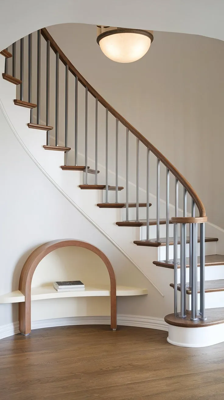 The elegant curve of this entryway stair is a focal point, enhanced by the thoughtful integration of under stairs storage. This stairs design with storage provides ample space, showcasing creative below stairs interior design. The wooden framed shelf unit offers practical downstairs storage ideas, while the metal railing adds a touch of modern sophistication. Consider this inspiring example for your own home stairwell ideas, transforming unused space into a functional and stylish area, perfect for stair shelf ideas.