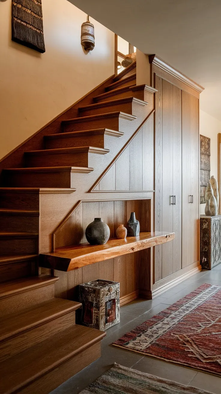 This entryway stair's unique design maximizes space with clever under stairs storage, showcasing brilliant downstairs design ideas and stair shelf ideas. The built-in shelving and storage solutions offer a functional and stylish approach to home stairwell ideas and below stairs interior design, even transforming the small living room under stairs into a charming space.