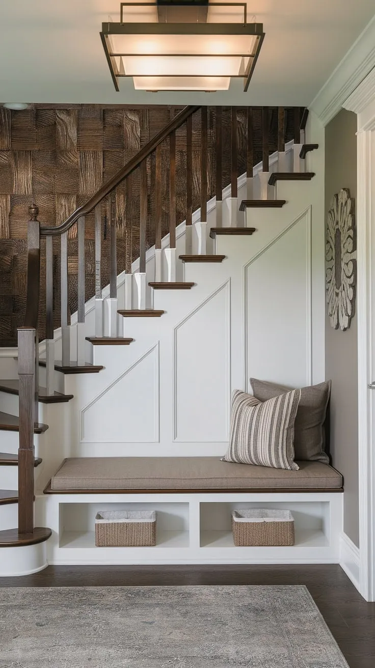 This stunning entryway stair showcases clever stairs design with storage, maximizing space with a built-in bench under the stairs. The cushioned seat and two shelves provide practical under stairs storage, while the decorative wooden panel adds a touch of elegance to these downstairs design ideas. This home stairwell ideas solution is perfect for smaller spaces, offering a small living room under stairs feel. Consider this below stairs interior design for your own home, incorporating stair shelf ideas for a functional and stylish space. A staircase bar under stairs could even be incorporated here!