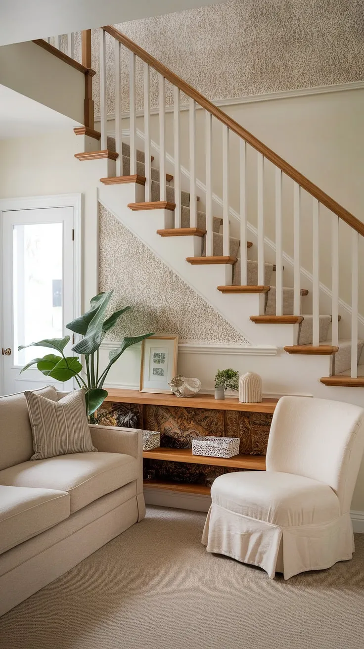A stunning example of home stairwell ideas, this image showcases a functional and aesthetically pleasing use of space. The entryway stair leads to a white door, while below, a small living room under stairs is cleverly created. Note the thoughtful downstairs design ideas, including the under stairs storage and the stylish stair shelf ideas. The beige sofa and white chair create a relaxing atmosphere, while the green plant adds a touch of nature. This is a fantastic illustration of downstairs storage ideas and below stairs interior design, proving that even a staircase bar under stairs (though not present here) could be incorporated into such a space.