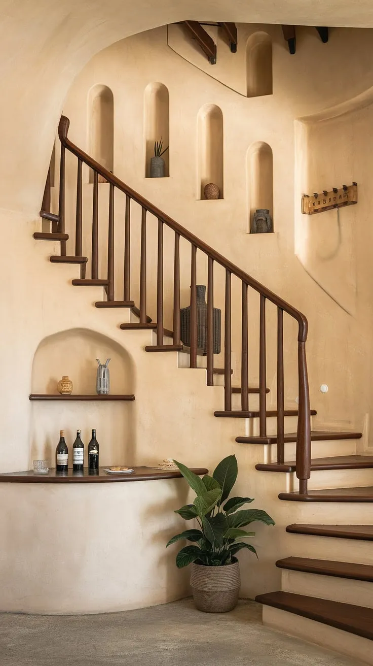 This entryway stair's unique design maximizes space with clever stairs design with storage, including a downstairs bar and small living room under stairs. Home stairwell ideas don't get much better than this.