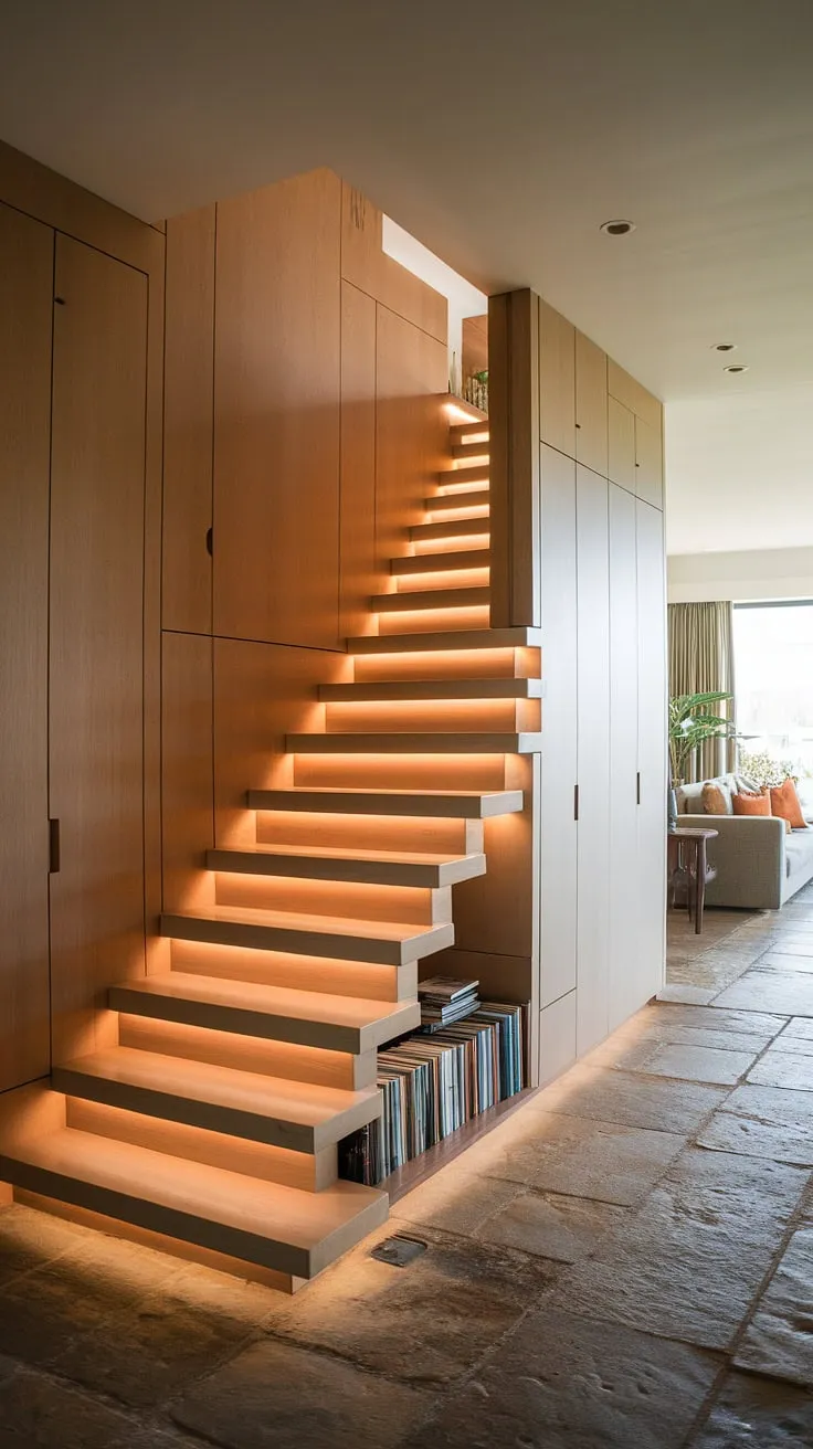 Warm lighting illuminates a striking entryway stair, its wooden structure showcasing clever stairs design with storage. Built-in storage units flank the stairs, offering ample downstairs storage ideas, while a shelf at the base provides a charming spot for books – a perfect example of stair shelf ideas. The stone floor complements the modern aesthetic, leading to a small living room under stairs, visible in the background. This home stairwell ideas design maximizes space and style, showcasing innovative below stairs interior design and even suggesting the possibility of a staircase bar under stairs.