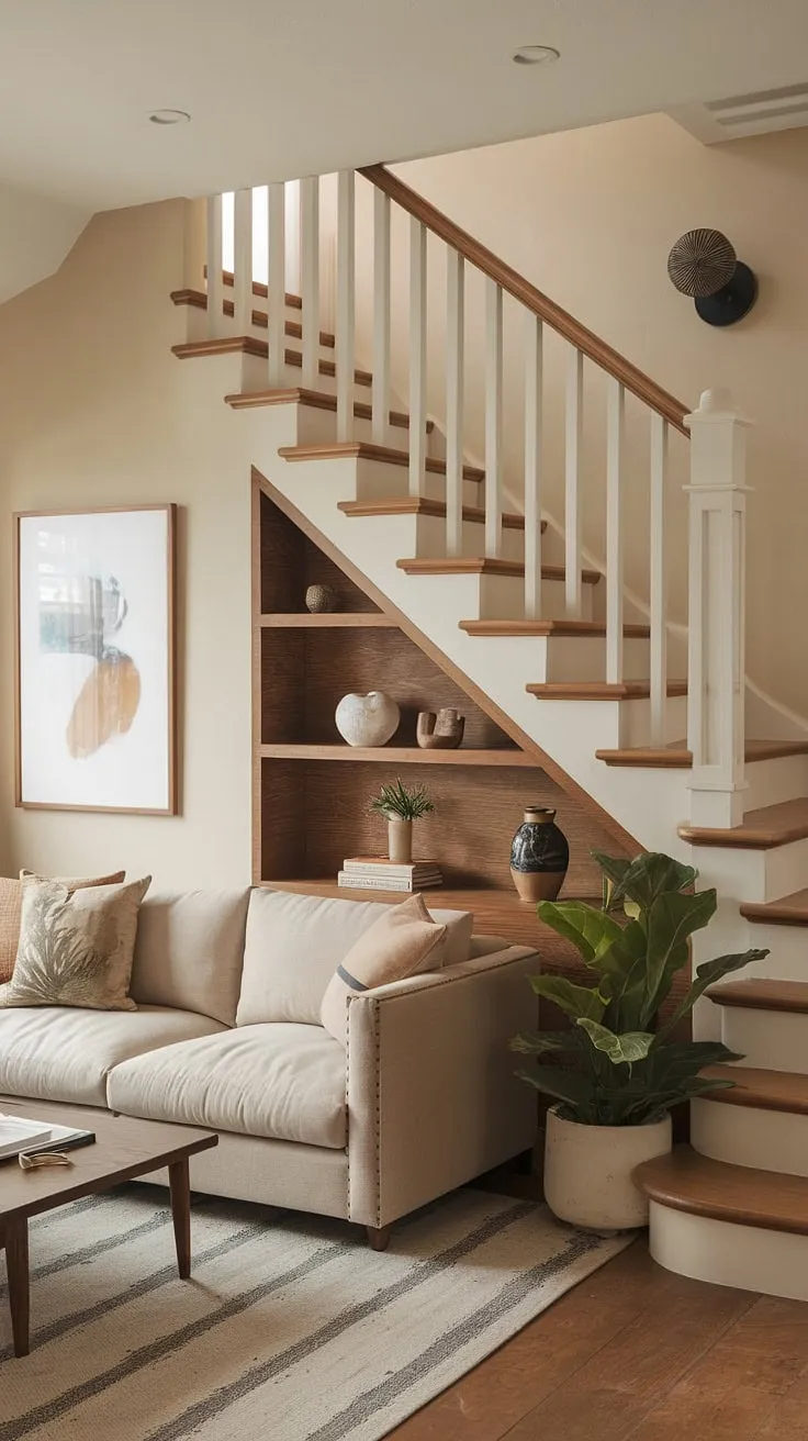 The ingenious stairs design with storage in this small living room is a masterclass in below stairs interior design. The wooden shelf tucked neatly under the entryway stair offers practical downstairs storage ideas, showcasing creative stair shelf ideas. The beige color palette complements the wooden stairs and the potted plant adds a touch of life to this efficient use of space. This is a prime example of how to incorporate under stairs storage into a small living room under stairs, transforming what could be wasted space into a functional and stylish element.