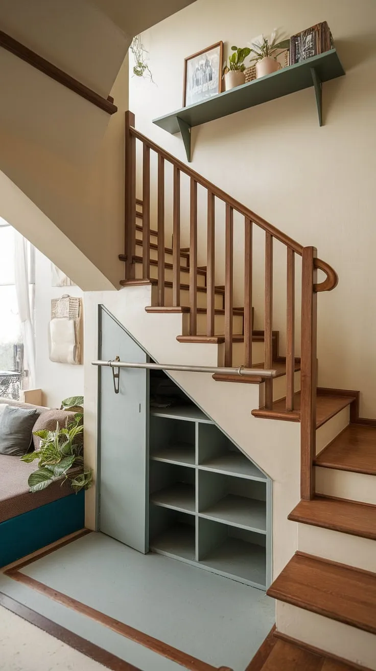 This clever entryway stair design maximizes space with integrated storage solutions. The stairs design with storage cleverly incorporates a bar under the stairs, while below stairs interior design features shelving for added practicality. Downstairs storage ideas are brilliantly implemented, transforming the under stairs storage into a functional area. Note the stair shelf ideas above, adding further storage. The small living room under stairs, complete with a couch and plant, showcases creative downstairs design ideas.