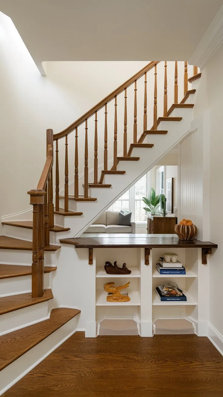 This clever entryway stair design maximizes space with built-in storage under the stairs, creating a unique staircase bar and a cozy small living room below. The wooden banister complements the white walls, offering a stylish solution for downstairs design ideas and downstairs storage ideas. This home stairwell showcases innovative stair shelf ideas and under stairs storage, a perfect example of below stairs interior design.