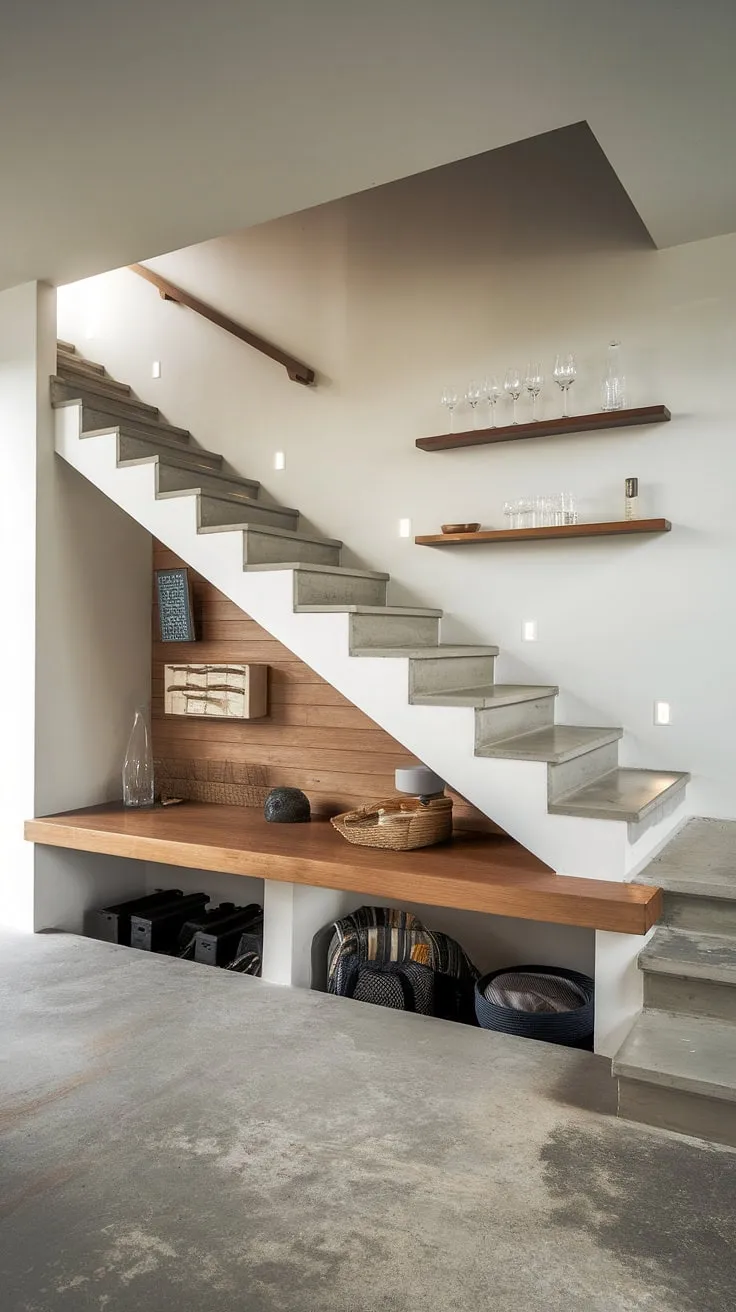 Sleek entryway stair design maximizing space with clever under stairs storage and a mini bar; brilliant home stairwell ideas and downstairs design ideas all in one.