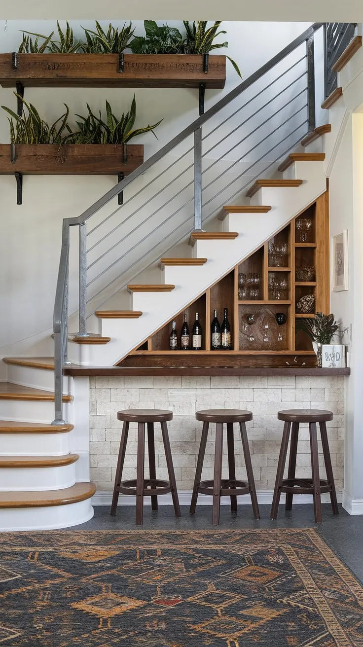 The modern design of this home stairwell, complete with a staircase bar under stairs, is a testament to creative downstairs design ideas. This entryway stair cleverly incorporates under stairs storage, showcasing innovative stairs design with storage solutions. The small living room under stairs is cozy and inviting, while the stair shelf ideas add a touch of nature. Explore these downstairs storage ideas and below stairs interior design concepts for your own home.
