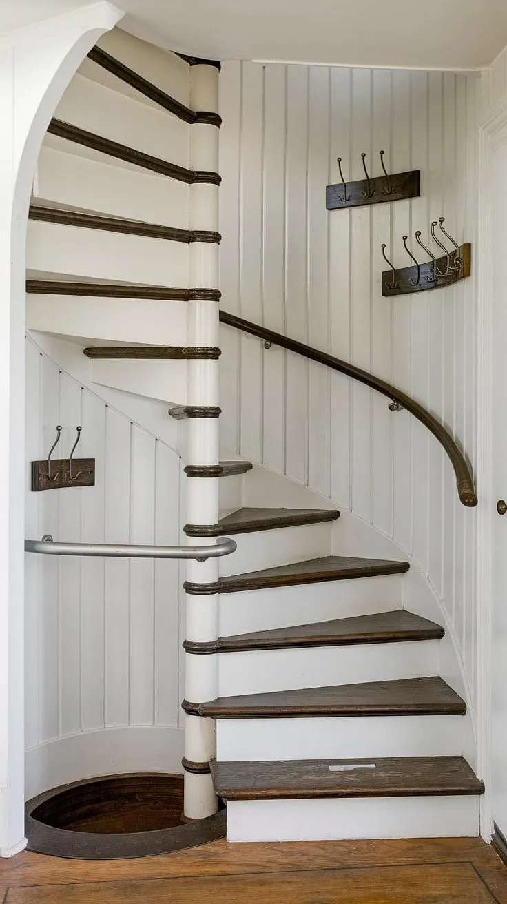 This stunning entryway stair showcases clever stairs design with storage, maximizing space with a built-in bar and under stairs storage. The stair shelf ideas are perfectly integrated, offering both practicality and style. This home stairwell ideas demonstrates how to create a functional and visually appealing downstairs design ideas, even in a small living room under stairs. Note the thoughtful below stairs interior design, complete with wall hooks for added convenience. The rich wood flooring complements the overall design.