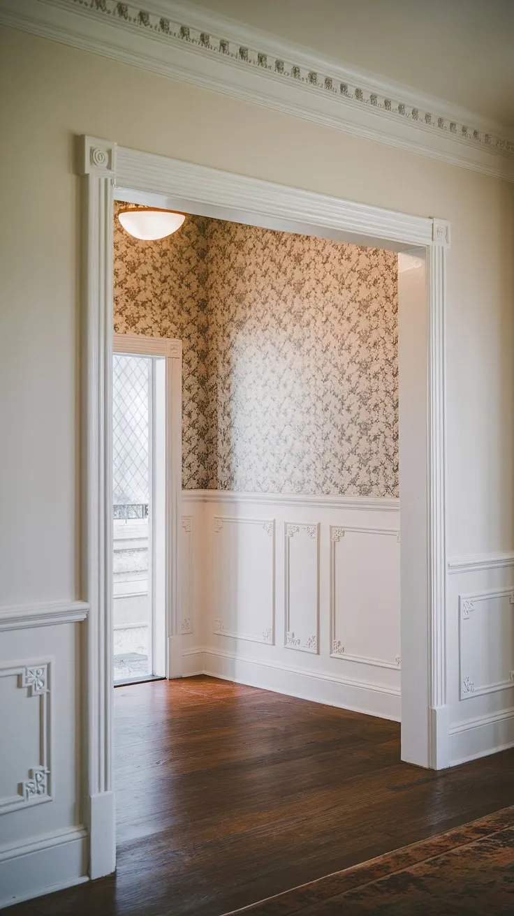 This entryway wainscoting showcases the beauty of art deco design. The rich dark wood floors and white walls, accented by exquisite wall trim ideas and wainscoting for foyers, create a sophisticated atmosphere. Find inspiration for your own home with these wainscoting for high ceilings ideas.
