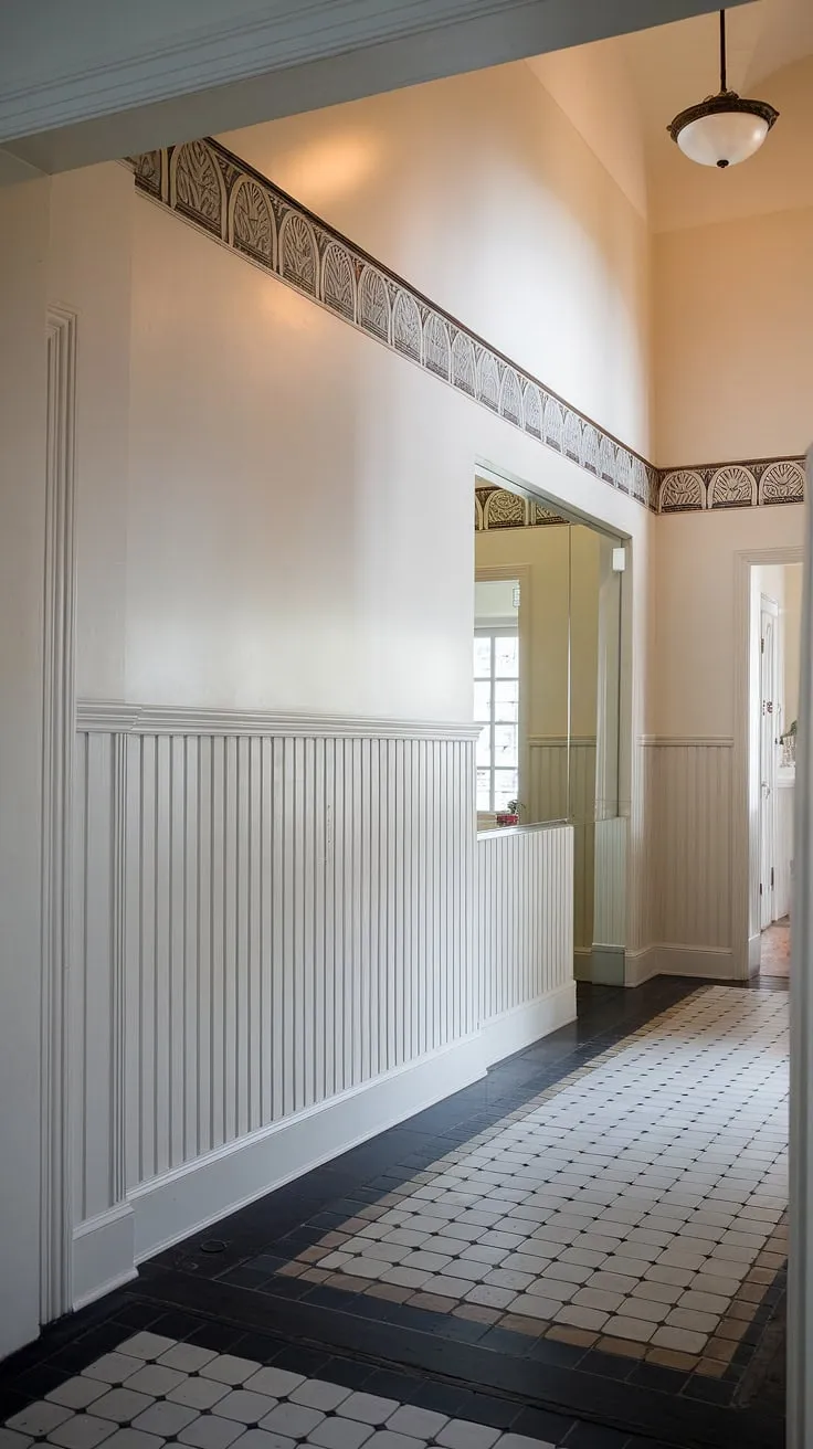 The dramatic effect of this entryway wainscoting is undeniable. This half-panel wainscoting, reaching from floor to ceiling, transforms the space. The Art Deco inspired detail at the top, combined with the black and white checkered floor, elevates this wainscoting for foyers into a true statement piece. Perfect wainscoting ideas for those seeking a touch of classic glamour, this design showcases how wainscoting for high ceilings can dramatically impact a room. While the use of entryway wallpaper might be tempting, the wainscoting itself is the star here.
