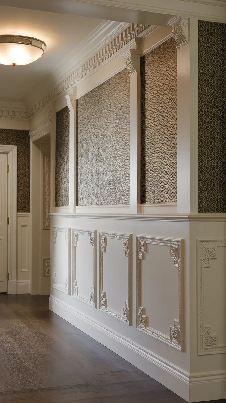 This art deco inspired entryway is a masterclass in wainscoting for hallways. The high ceiling wainscoting, a show-stopping example of wainscoting ideas, features intricate moldings and a rich, patterned entryway wallpaper below. Consider this a perfect illustration of half panel wainscoting and wainscoting for foyers, demonstrating how to use wainscoting for high ceilings effectively. The overall design offers inspiring wall trim ideas for any home.