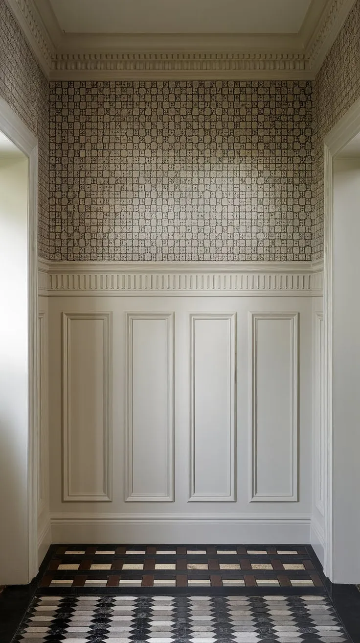 This art deco inspired entryway is a masterclass in wainscoting for foyers. The rich, detailed half panel wainscoting, reaching halfway up the high ceilings, is a showstopper. Paired with a striking black and white checkered floor and sophisticated entryway wallpaper, this space offers endless wainscoting ideas and demonstrates how wainscoting for high ceilings can transform a space. Consider this design for your next wainscoting for hallways project, showcasing unique wall trim ideas.