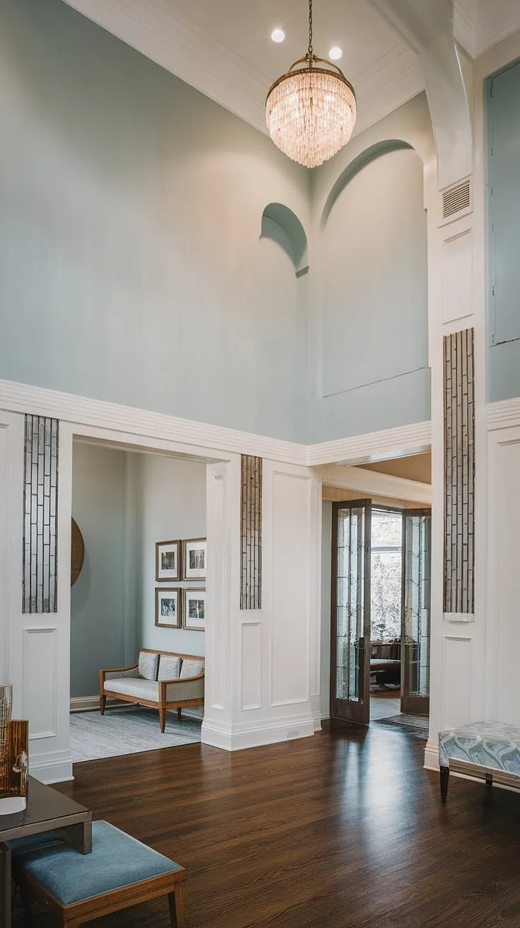 Art deco wainscoting transforms this foyer into a breathtaking space. This half panel wainscoting, ideal for wainscoting for high ceilings, offers a sophisticated take on wall trim ideas. Find inspiration for your own entryway wainscoting and wainscoting for foyers in this stunning design.