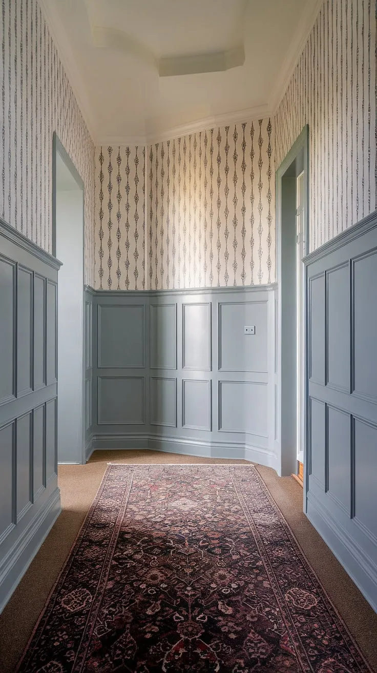 Sophisticated wainscoting for foyers: This half-panel wainscoting design, reaching the ceiling, offers a unique take on wall trim ideas. The light blue walls and entryway wallpaper complete the look. Consider this elegant wainscoting for hallways or any space needing a touch of art deco wainscoting. Inspiration for your next wainscoting project.