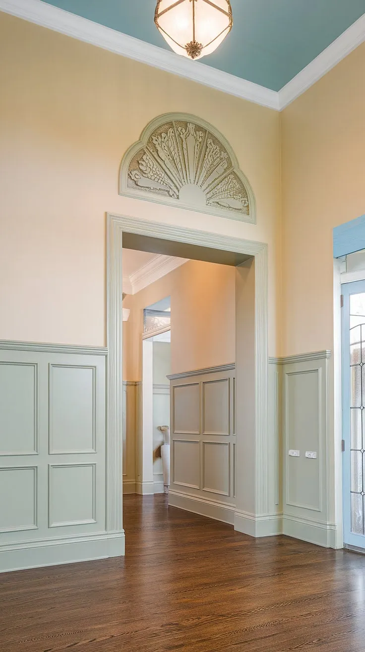 This stunning entryway wainscoting design features half-panel wainscoting and art deco accents, making it ideal wainscoting for hallways and foyers. The wainscoting for high ceilings creates a dramatic effect, while the choice of wall trim ideas and entryway wallpaper would complete the look. A perfect example of wainscoting ideas for your home.