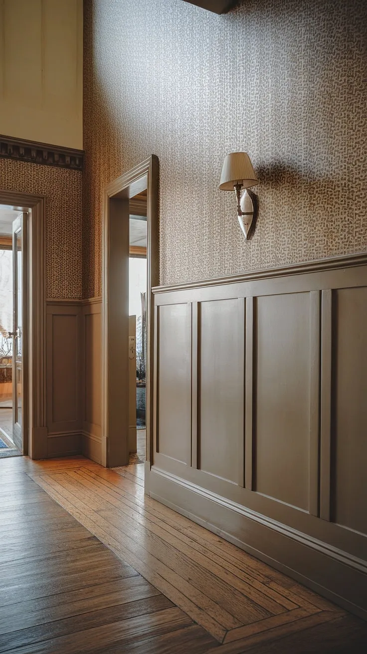 Grand entryway wainscoting elevates this space. The half panel wainscoting, extending to the high ceiling, showcases stunning wainscoting ideas, perfect for hallways or foyers. Art deco wainscoting and entryway wallpaper complete the look. A masterclass in wall trim ideas.