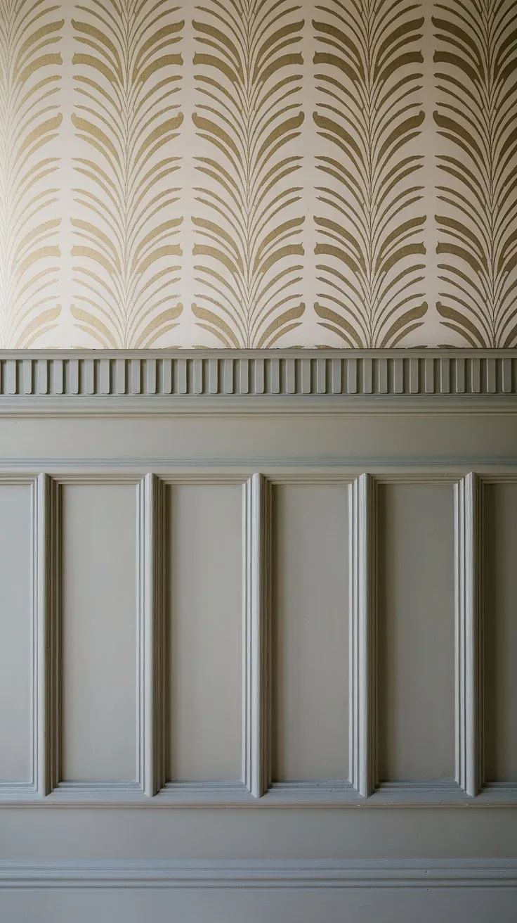 This stunning entryway boasts art deco wainscoting, a perfect example of wainscoting ideas for high ceilings. The half panel wainscoting, ideal for hallways and foyers, creates a sophisticated look, complemented by elegant gold leaf entryway wallpaper above. This is a beautiful illustration of wainscoting for hallways and demonstrates how wall trim ideas can elevate a space.