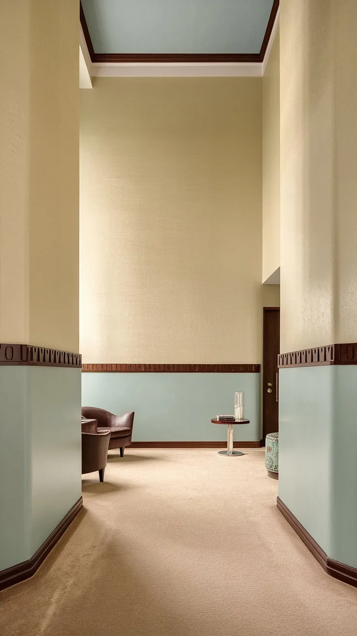 Step into elegance with this art deco entryway, showcasing stunning half-panel wainscoting that elevates the high ceilings. Perfect wainscoting ideas for foyers and hallways, this design offers a timeless blend of wainscoting for high ceilings and sophisticated wall trim ideas.