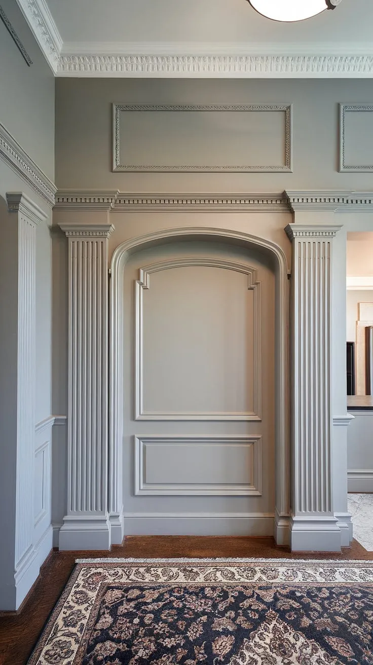 Sophisticated wainscoting ideas transform this entryway. The half panel wainscoting, a beautiful example of wainscoting for hallways, extends to the door frame, creating a dramatic focal point. Consider this elegant wainscoting for high ceilings and foyers, a perfect complement to entryway wallpaper.