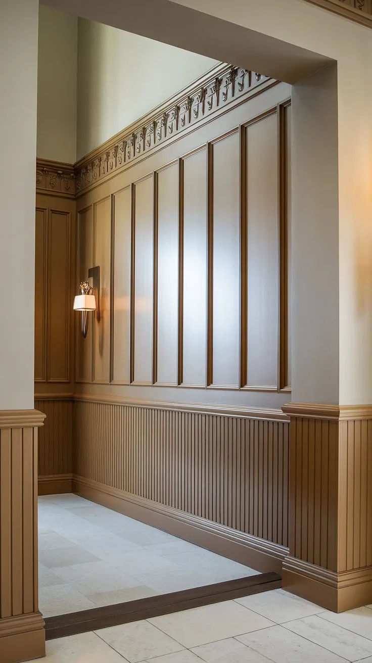This breathtaking foyer boasts exquisite art deco wainscoting. The half-panel wainscoting design, reaching from floor to ceiling, is a testament to the power of wainscoting for hallways and entryway wallpaper alternatives. This stunning example of wainscoting for high ceilings provides ample wainscoting ideas for those seeking a touch of old-world glamour. The clean white tile floor and subtle wall trim ideas complement the rich wainscoting perfectly.