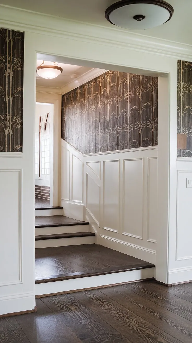 Grand entryway wainscoting elevates this space with its Art Deco flair. Half-panel wainscoting, perfect for high ceilings, creates a stunning focal point. These wainscoting ideas, including this entryway wallpaper, offer endless possibilities for hallways and foyers.