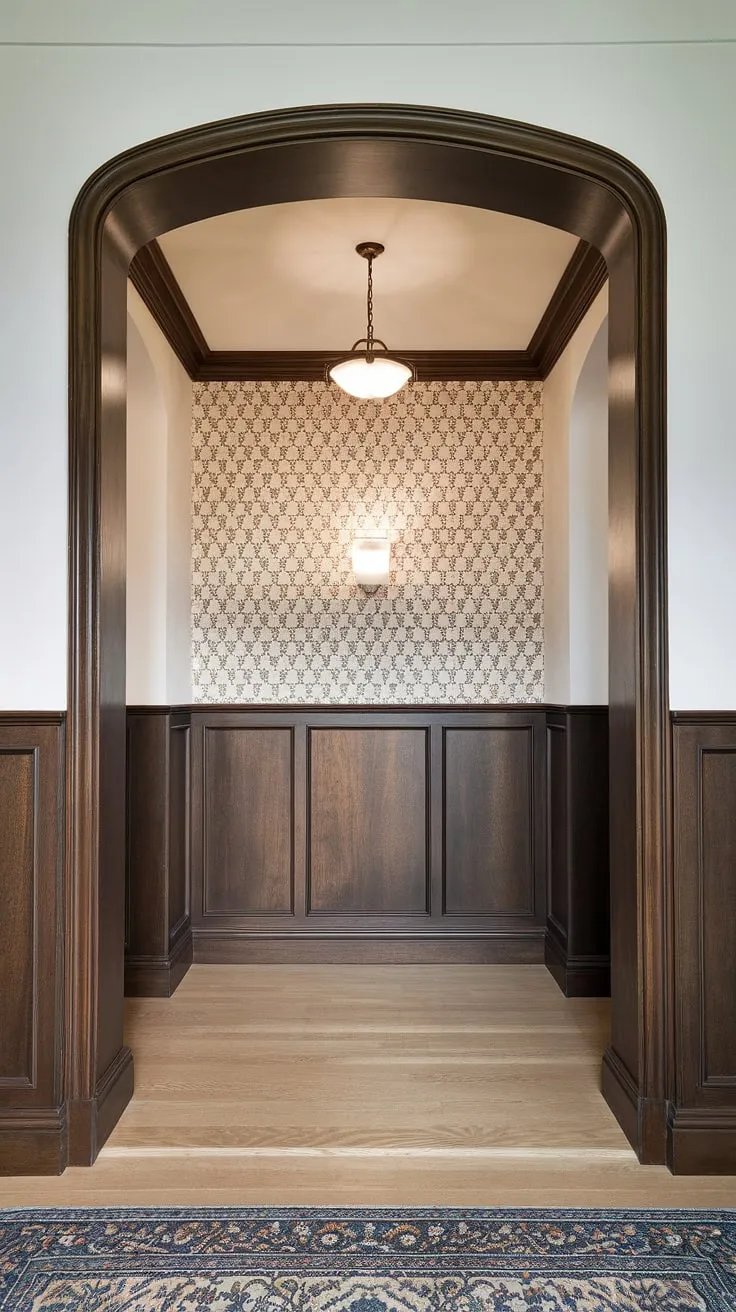 This stunning entryway showcases the dramatic effect of dark wood wainscoting extending to the ceiling, creating an illusion of grandeur. The art deco inspired design, featuring patterned entryway wallpaper below the half panel wainscoting, offers a sophisticated take on wainscoting ideas. Perfect wainscoting for high ceilings and a great example of wainscoting for hallways or foyers, this space demonstrates how wall trim ideas can transform an entryway. The light wood flooring complements the rich tones of the wainscoting for a cohesive and elegant look.